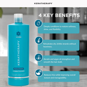 KERATHERAPY conditioner being applied through mid-lengths to ends for even hydration.