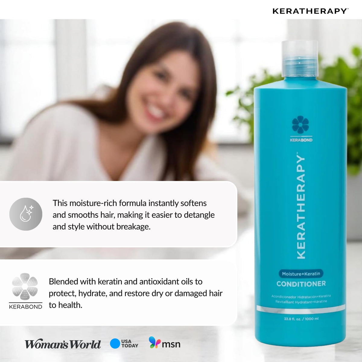 KERATHERAPY Moisture Conditioner texture close-up shows creamy, amino-acid rich formula.