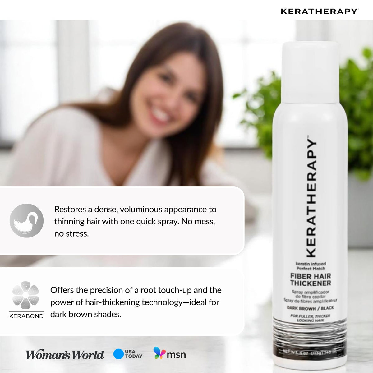 KERATHERAPY Perfect Match spray demonstrates lightweight lift without weighing hair down.