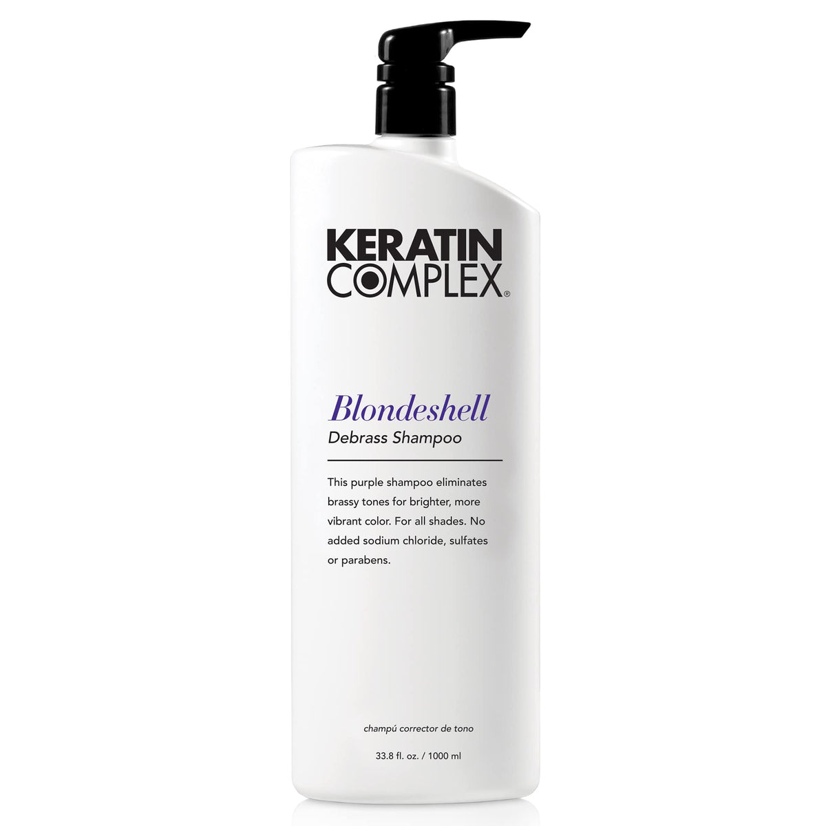 Keratin Complex Blondeshell Debrass Shampoo bottle neutralizes brass on color-treated hair.