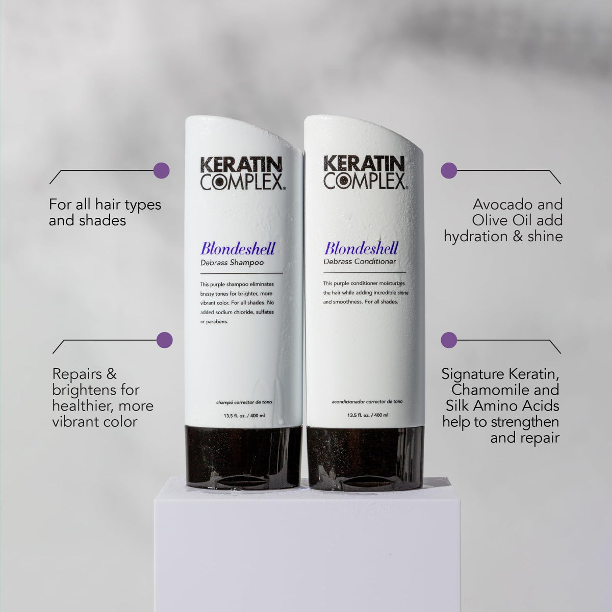 Rich foam lather from Keratin Complex Blondeshell Debrass Shampoo for gentle cleansing.