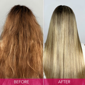 Pouring Keratin Complex Blondeshell Debrass Shampoo to reduce brassy tones.