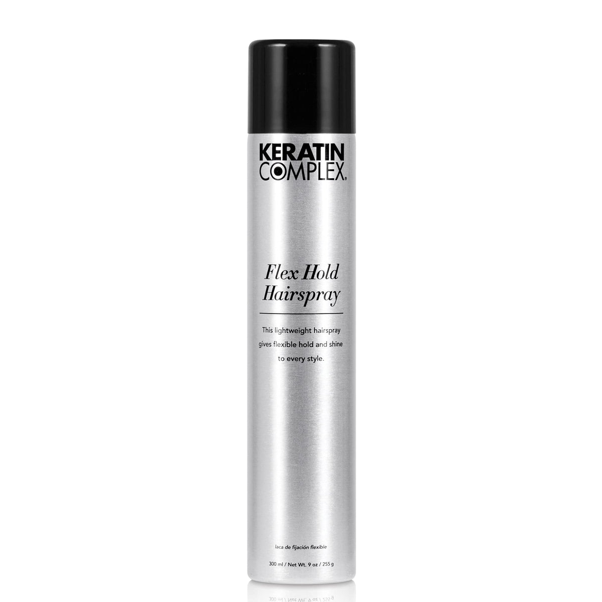 Keratin Complex Flex Hold Hairspray bottle showing flexible hold and shine