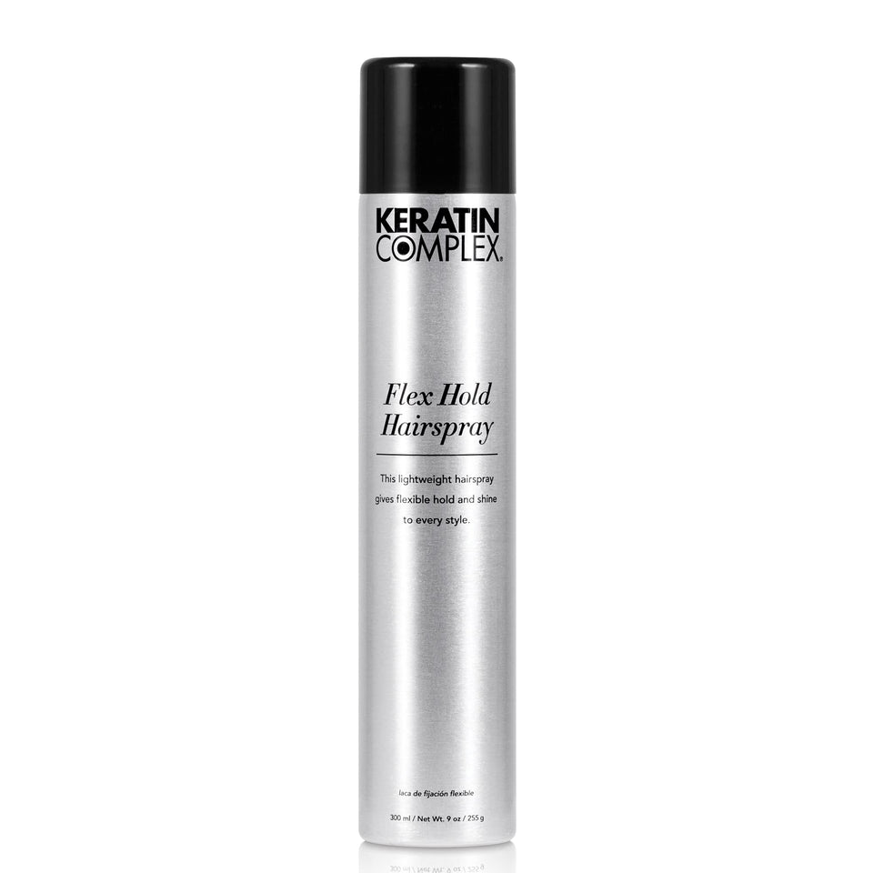 Keratin Complex Flex Hold Hairspray bottle showing flexible hold and shine