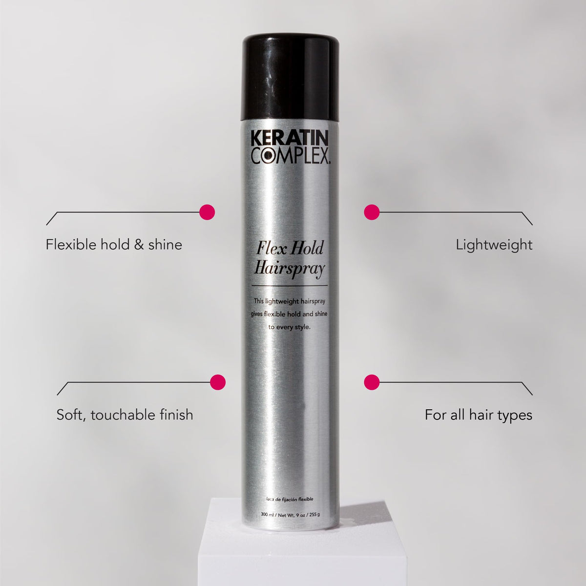 Keratin Complex Flex Hold Hairspray mist dispersing evenly for natural control