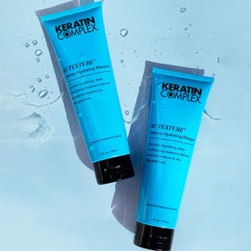 Keratin Complex KCTEXTURE Intense Hydrating Masque client aftercare display suggests salon-grade moisture.