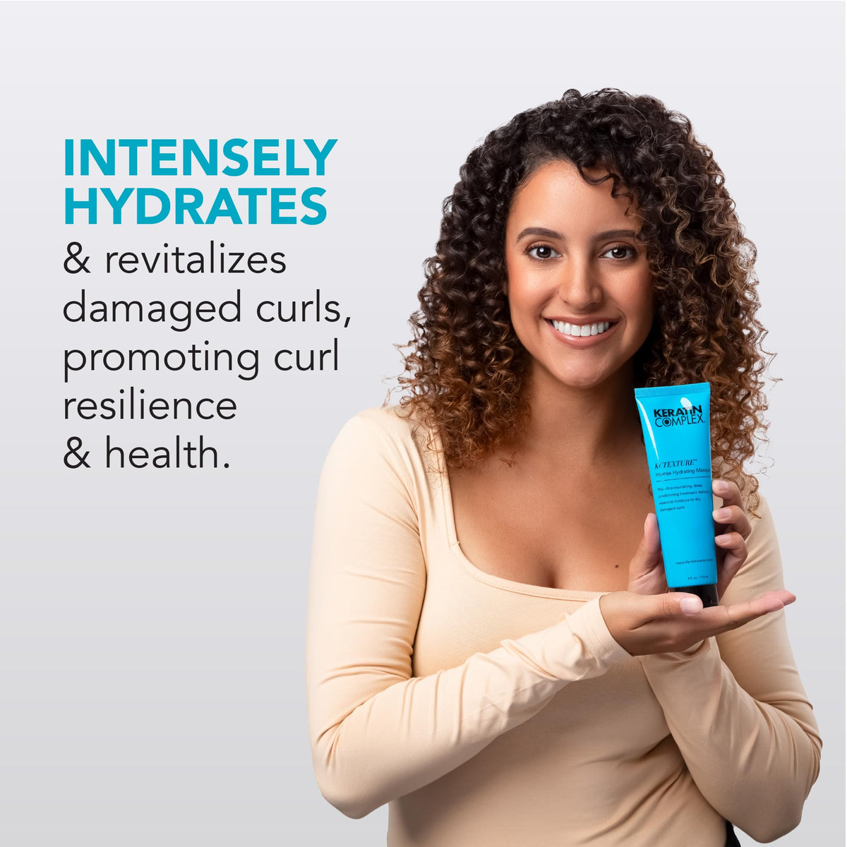 Keratin Complex KCTEXTURE Intense Hydrating Masque final-step routine image hints at enhanced hydration.