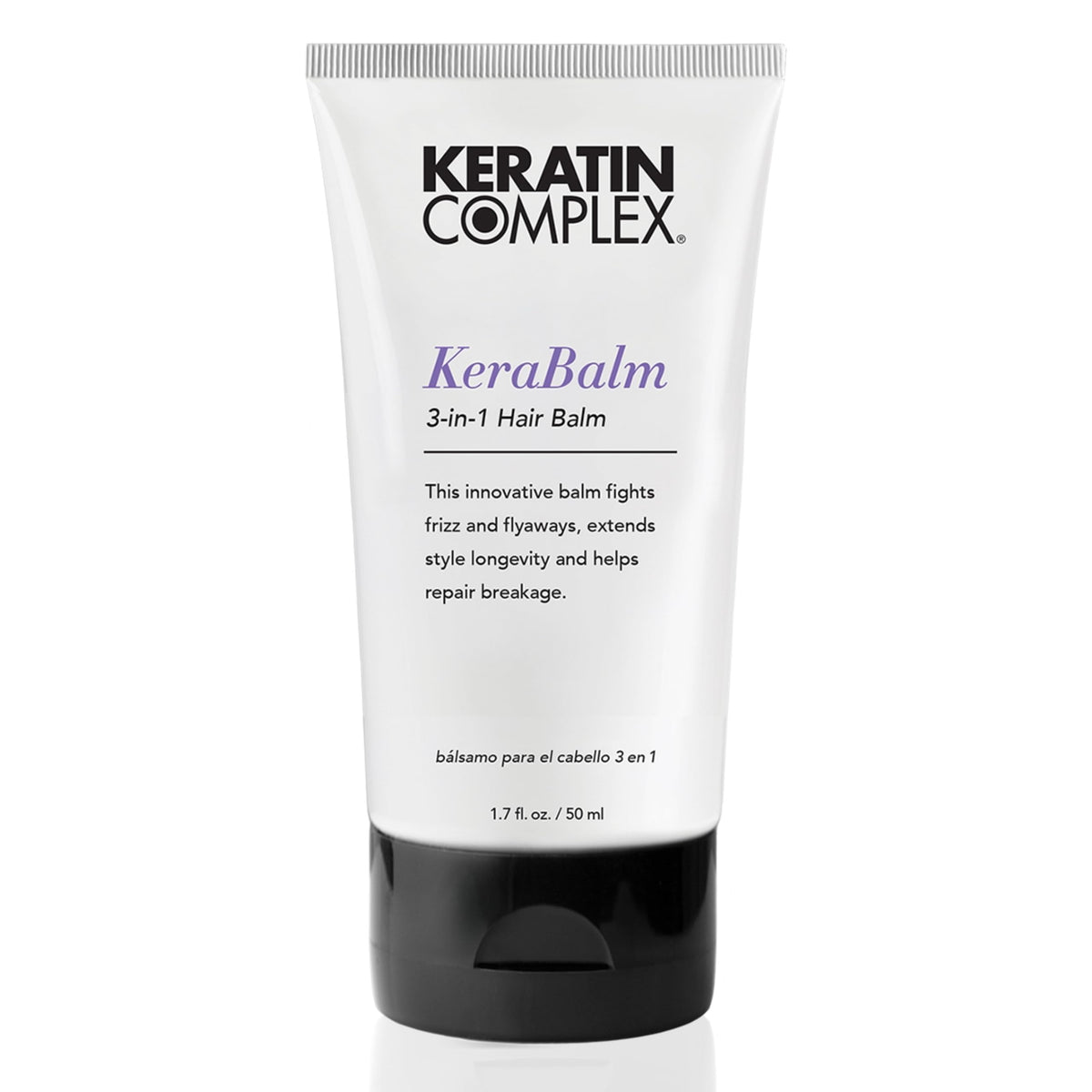 Keratin Complex KeraBalm bottle pour showing frizz control and styling prep.