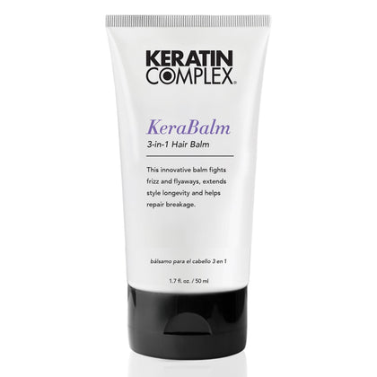Keratin Complex KeraBalm bottle pour showing frizz control and styling prep.