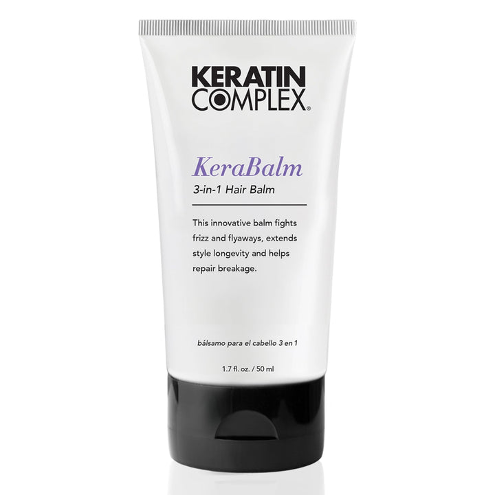 Keratin Complex KeraBalm bottle pour showing frizz control and styling prep.