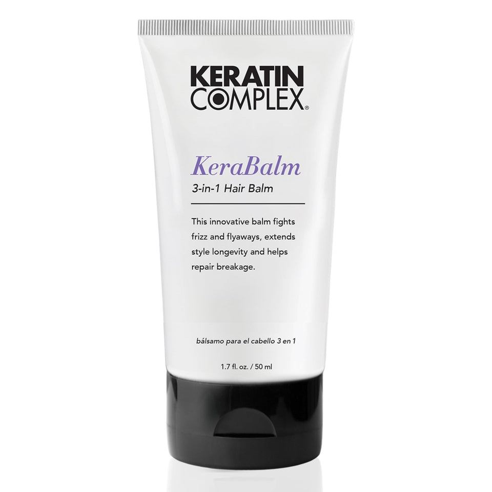 Keratin Complex KeraBalm bottle pour showing frizz control and styling prep.