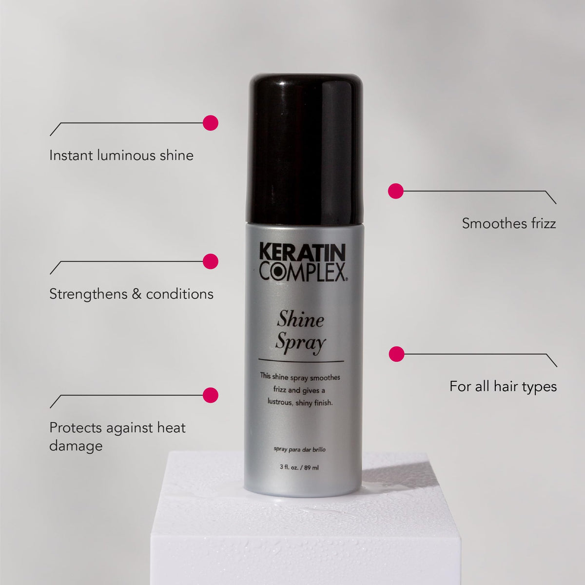 Keratin Complex Shine Spray mist on damp hair for gloss and easier styling.