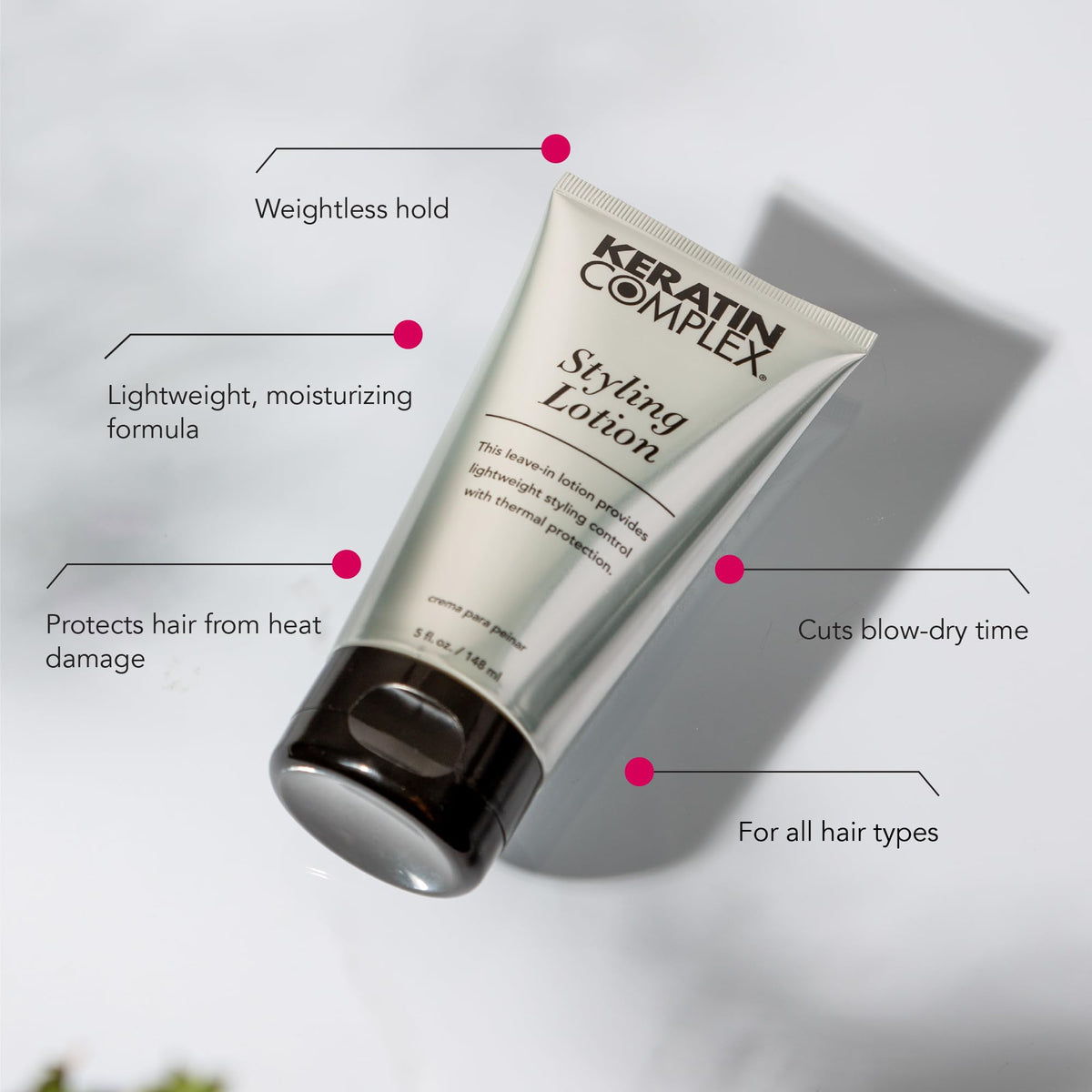 Keratin Complex Styling Lotion in hand during application for faster blow-dry time