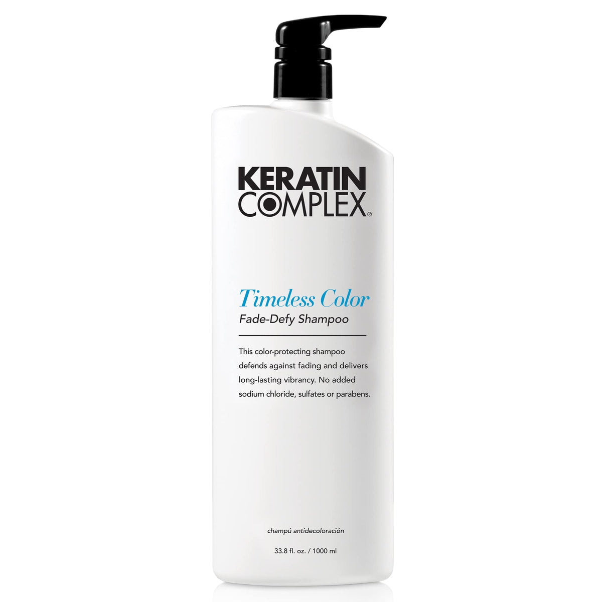 Keratin Complex Timeless Color Fade-Defy shampoo bottle offers color-safe protection for vibrant hair