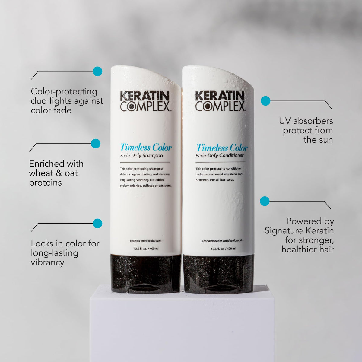 Keratin Complex Timeless Color Fade-Defy shampoo UV-absorber shields color from sun