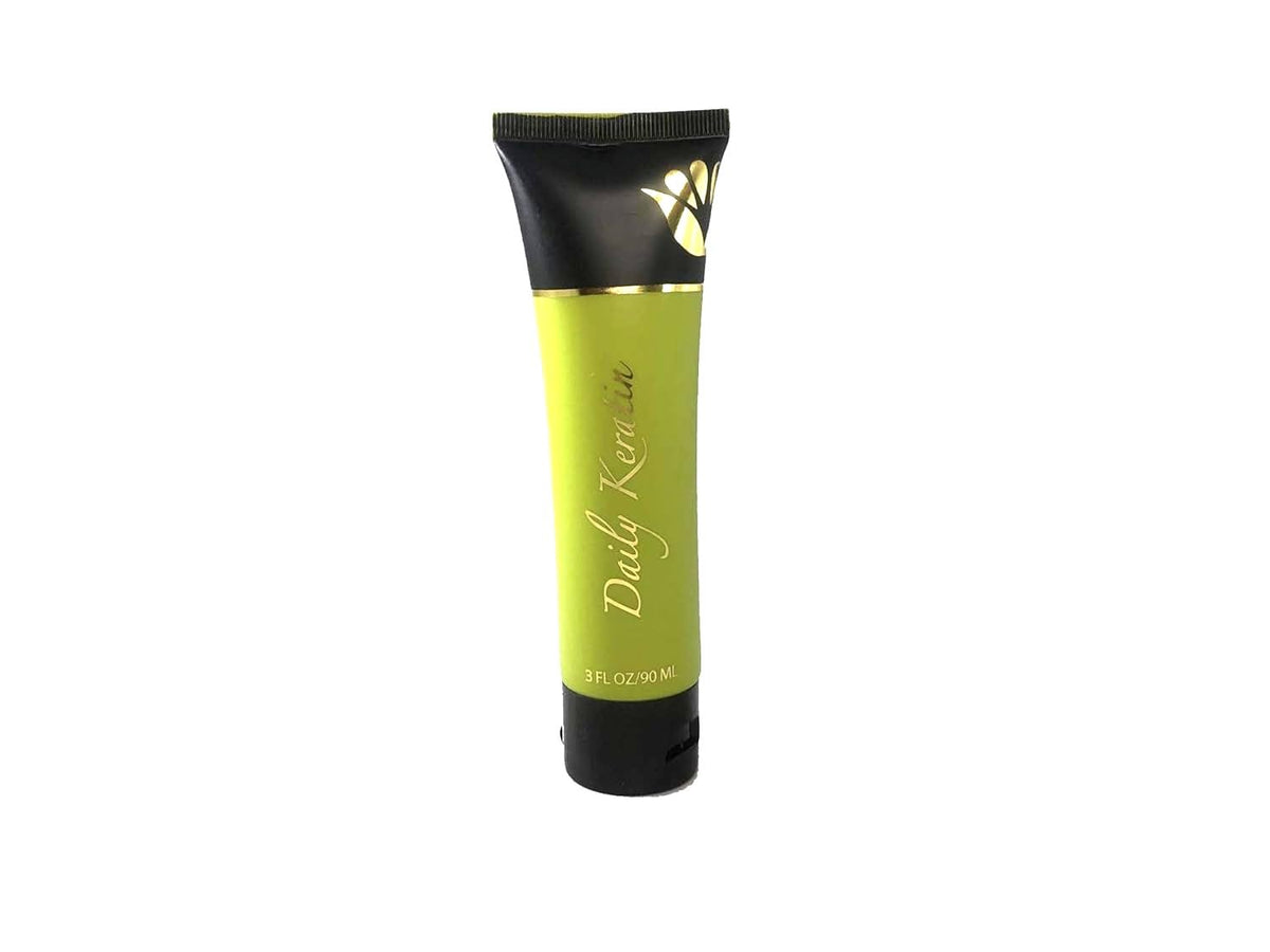 Keratin Express Daily Keratin bottle front; smooth hair ahead.