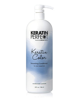 Keratin Perfect Color Smoothing Conditioner bottle promotes color-safe moisture and frizz reduction.