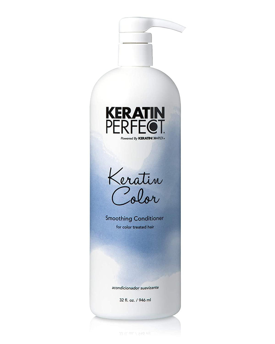 Keratin Perfect Color Smoothing Conditioner bottle promotes color-safe moisture and frizz reduction.