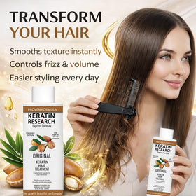 KERATIN RESEARCH hair smoothing close-up shows sleek, shiny strands.