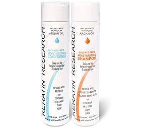 Keratin Research natural argan oil shampoo bottle shown for gentle post-treatment cleansing.