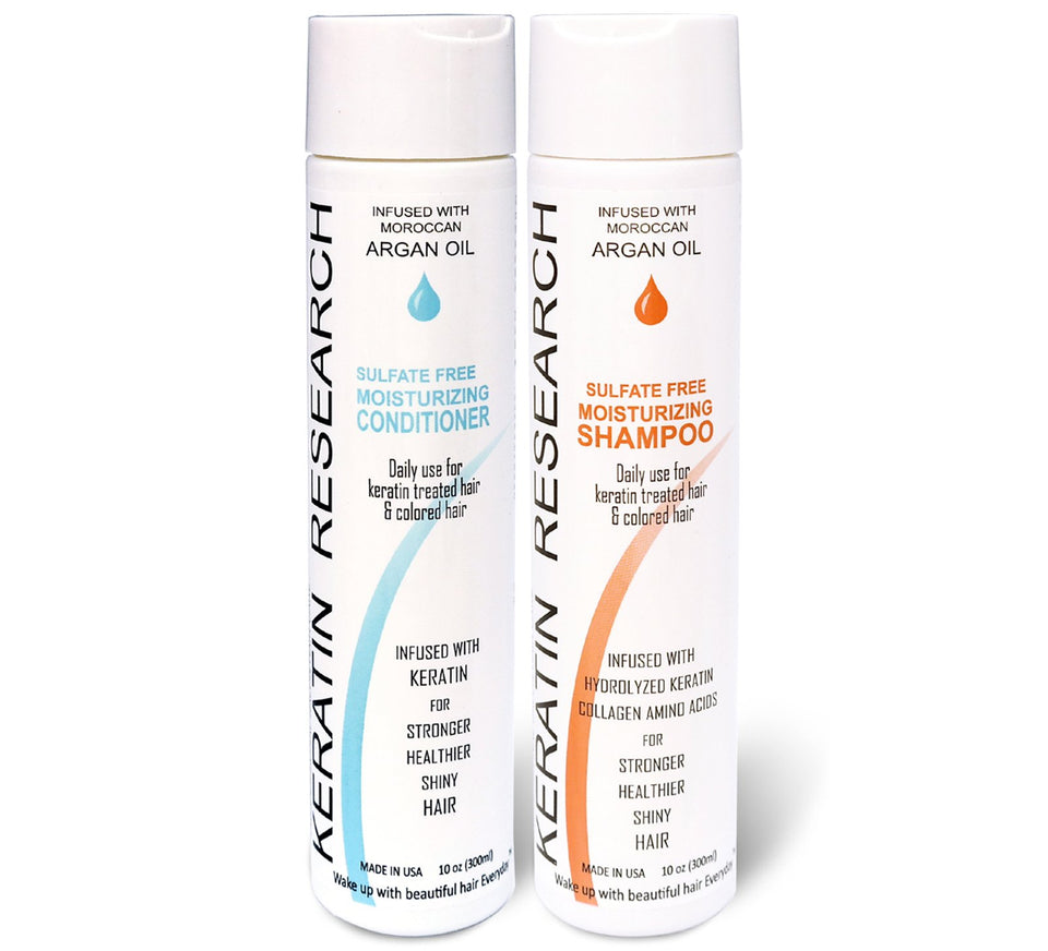 Keratin Research natural argan oil shampoo bottle shown for gentle post-treatment cleansing.