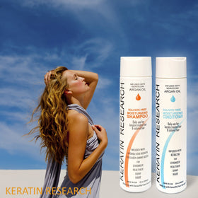 Keratin Research sulfate-free shampoo label close-up highlights color-safe formula.