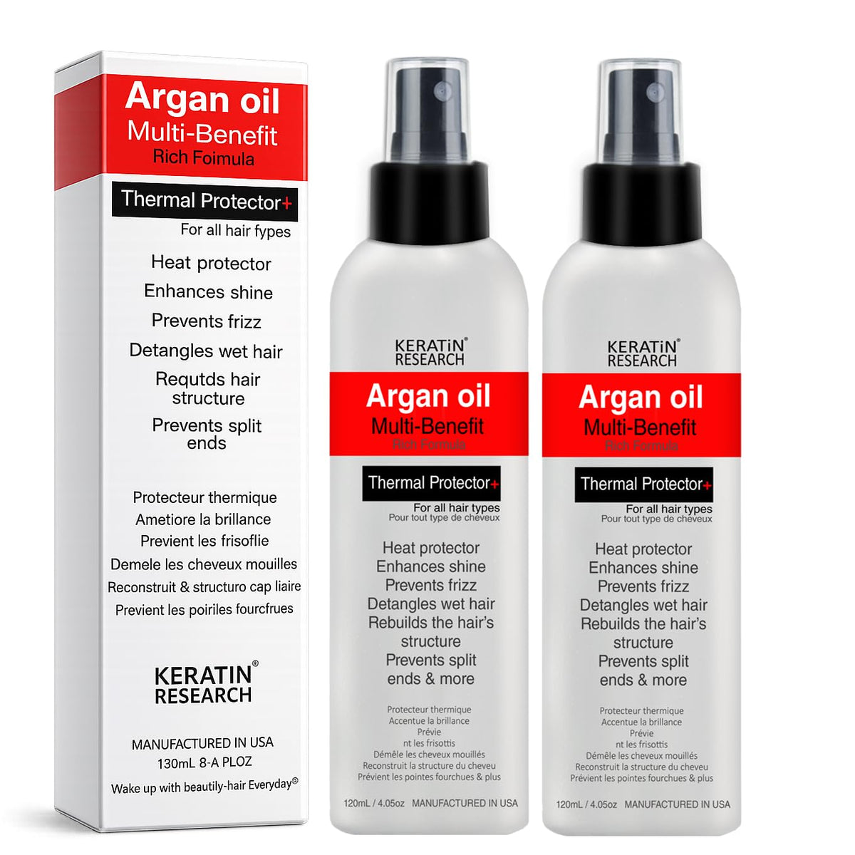 KERATIN RESEARCH Thermal Hair Protector Spray bottle pouring to illustrate heat protection up to 450ºF.