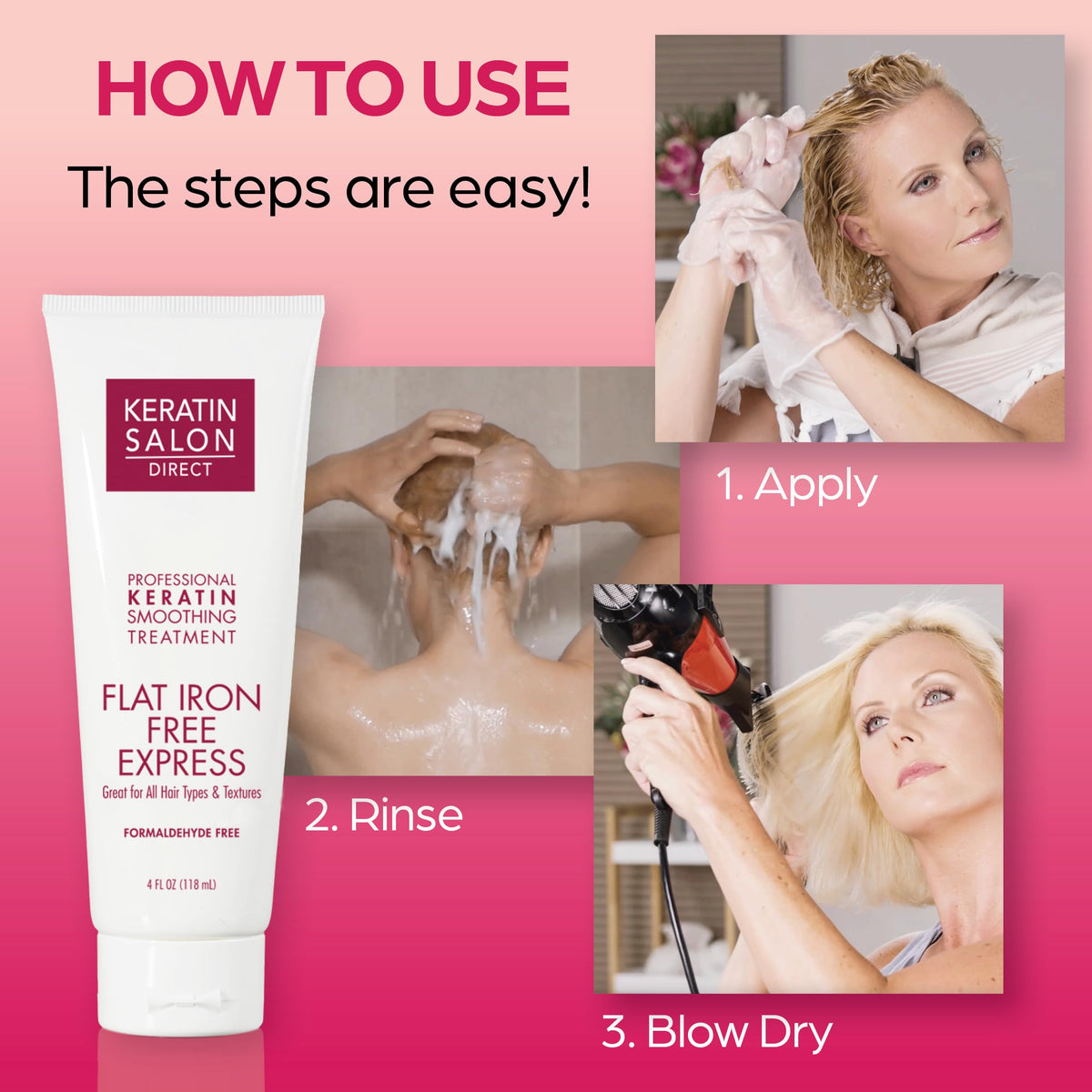 Keratin Salon Direct blow-dry styling step achieving salon-like finish without iron.