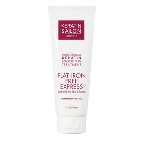 Keratin Salon Direct treatment bottle close-up emphasizing the premium formula for frizz control.