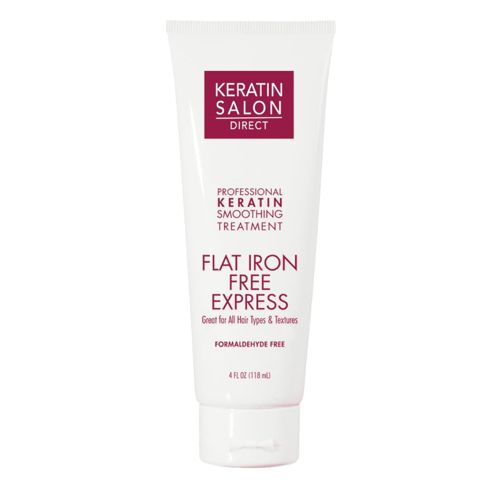 Keratin Salon Direct treatment bottle close-up emphasizing the premium formula for frizz control.