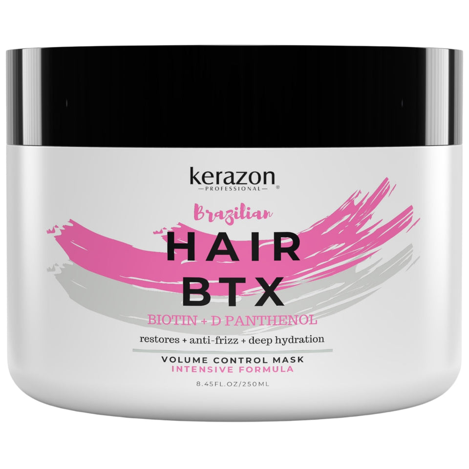 Kerazon Intensive Brazilian Hair BTX Smoothing Treatment 8oz bottle on shelf for frizz control.