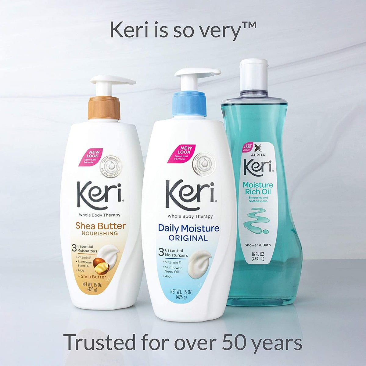 Keri Original Moisture Therapy ingredients notes graphic conveying simple hydration focus.