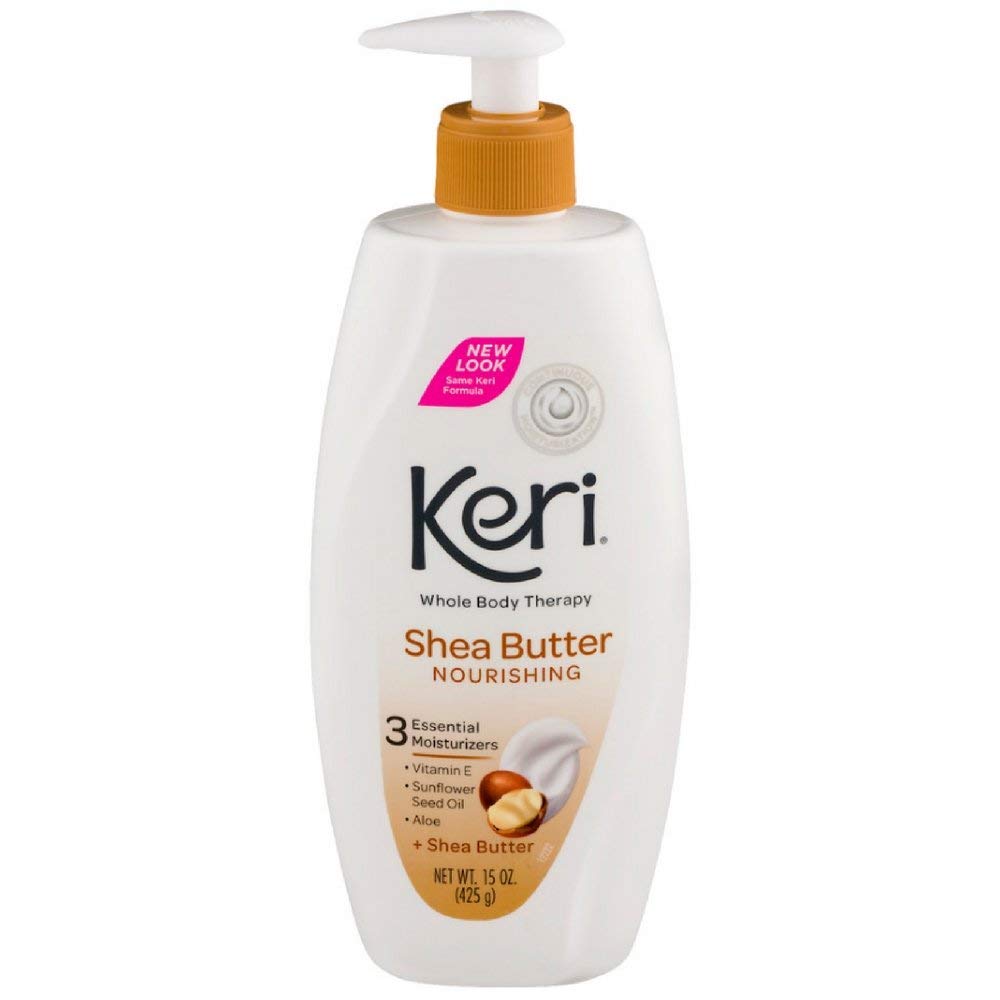 Keri Whole Body Therapy Nourishing Shea Butter Lotion bottle delivers deep hydration for dry skin