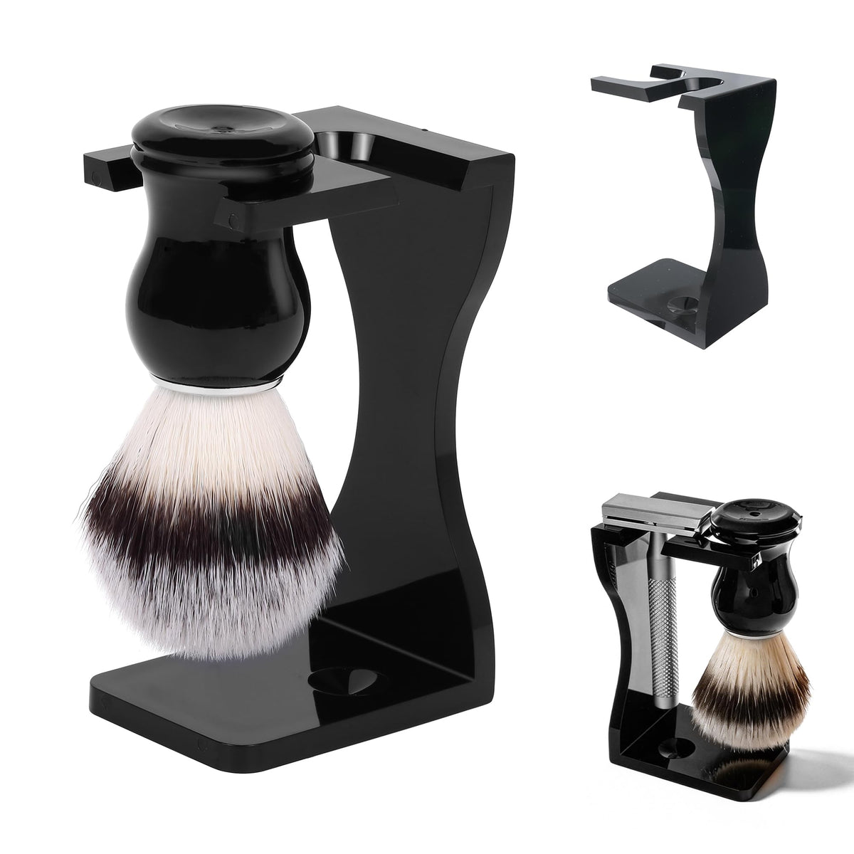 Keropy 2-in-1 shaving stand front view, durable acrylic for daily grooming.