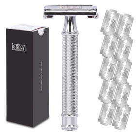 Keropy safety razor with butterfly open for easy blade changes and a smooth shave.
