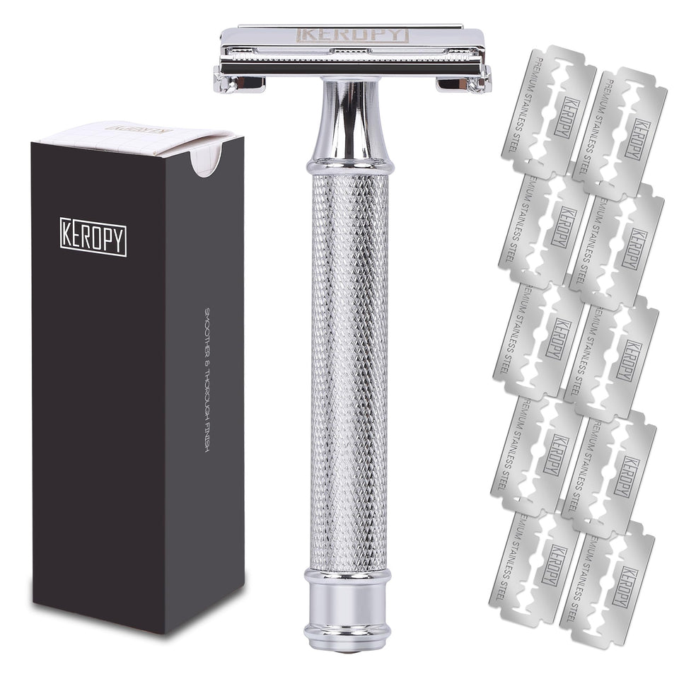 Keropy safety razor with butterfly open for easy blade changes and a smooth shave.