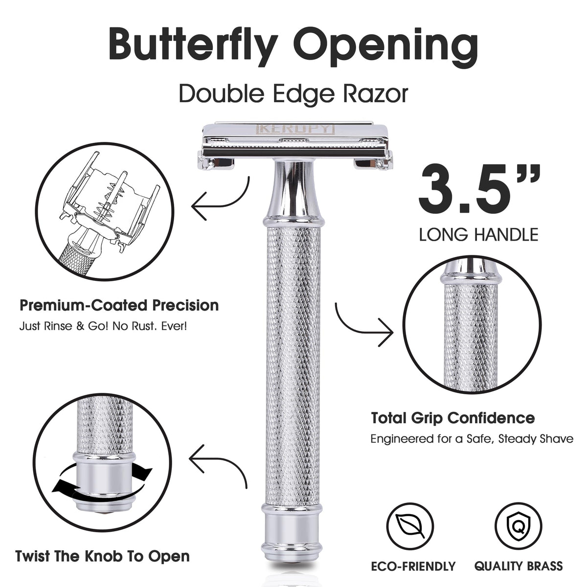 Keropy safety razor heavy handle provides balanced control during daily grooming.