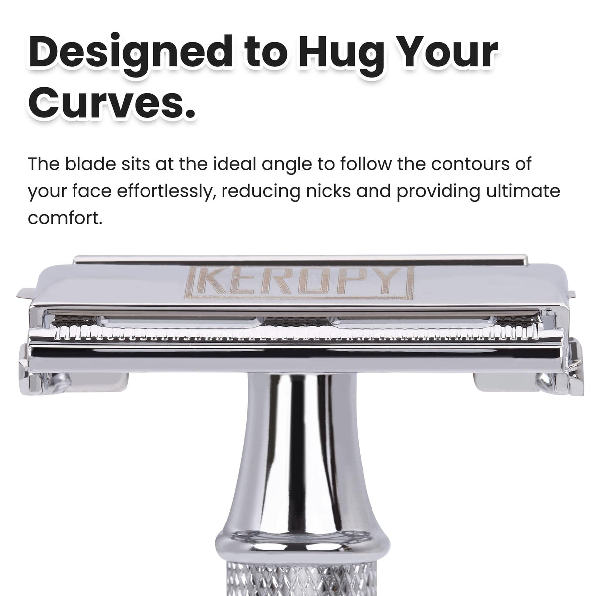 Keropy safety razor with mirror-polished finish offers a luxurious, gleaming look.