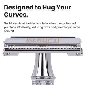 Keropy safety razor with mirror-polished finish offers a luxurious, gleaming look.