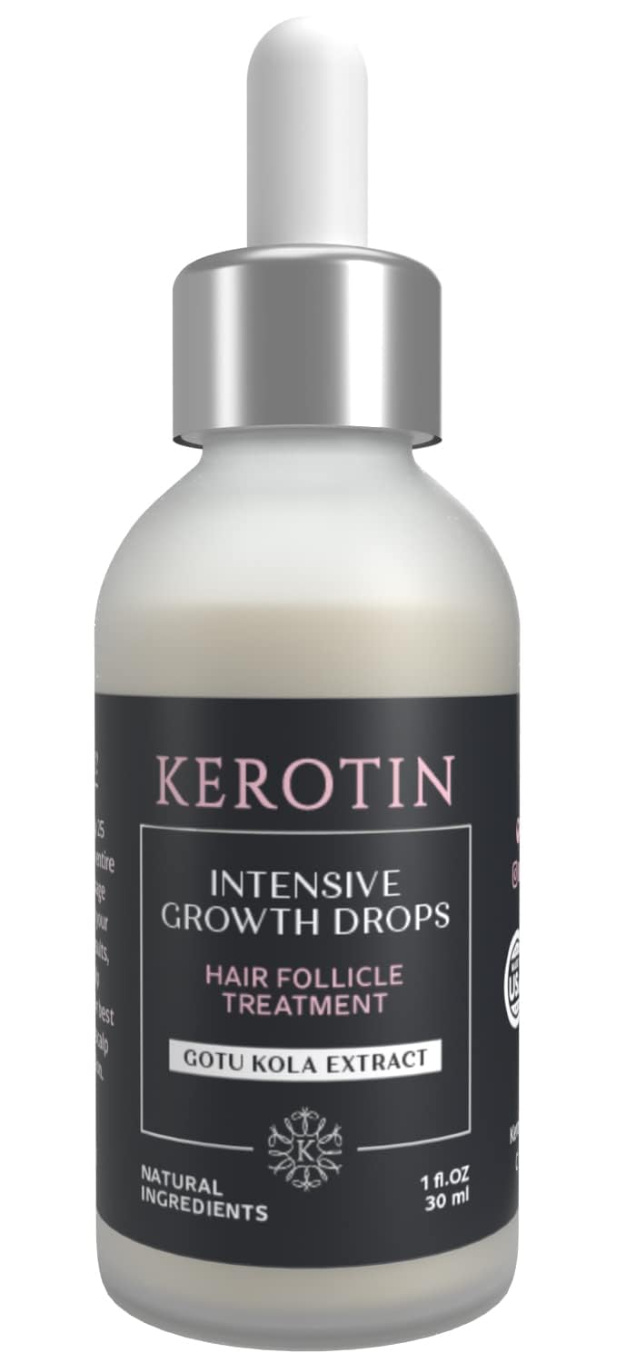 Kerotin Hair Growth Serum bottle highlights a lightweight formula for scalp nourishment.