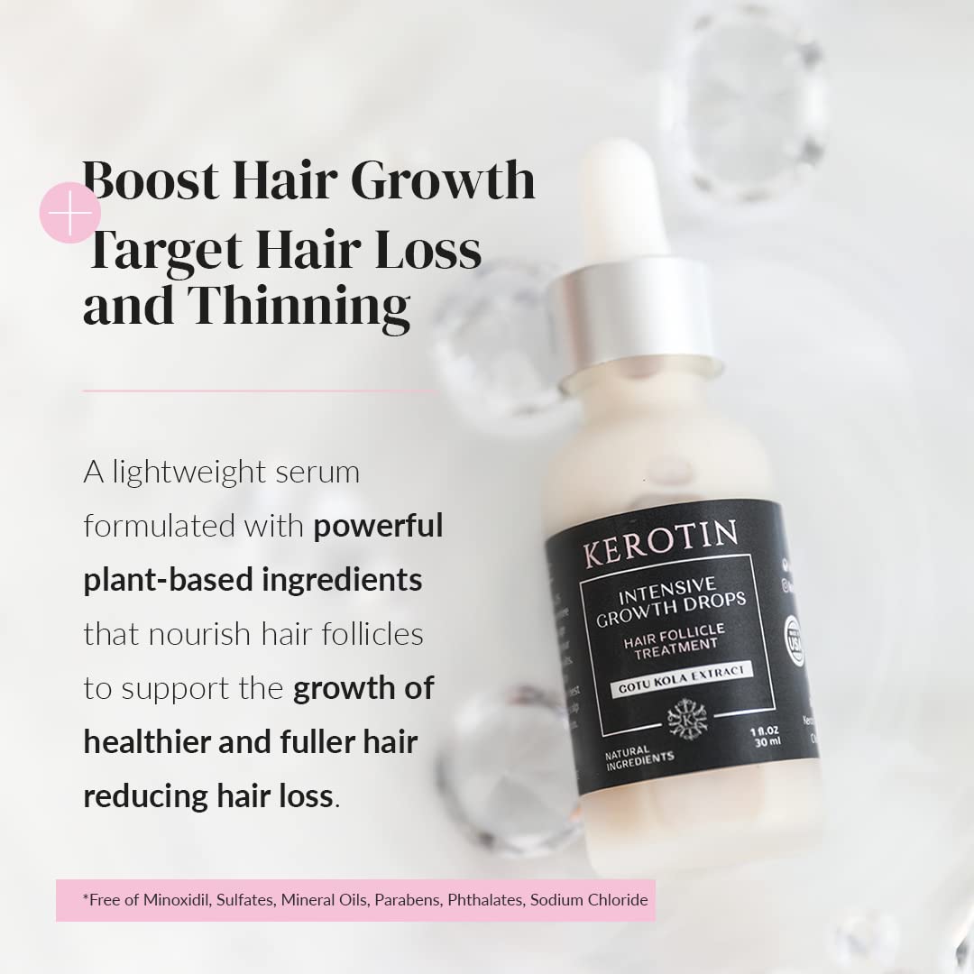 Kerotin Hair Growth Serum dropper application shows easy daily use for thinning hair.