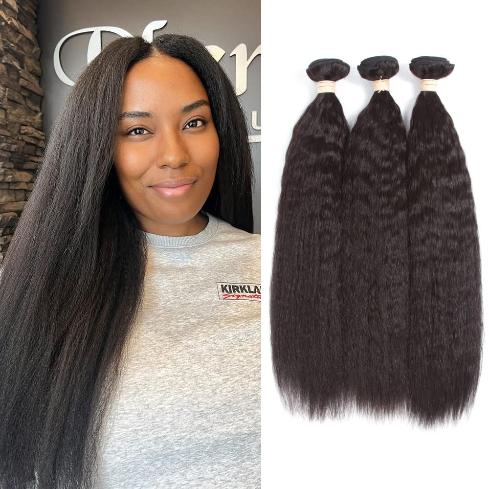 Kerriana kinky straight 24-inch soft shine bundles blend with natural hair.