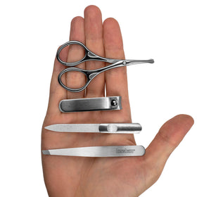 Kershaw rounded-tip scissors trim beard and moustache with care.