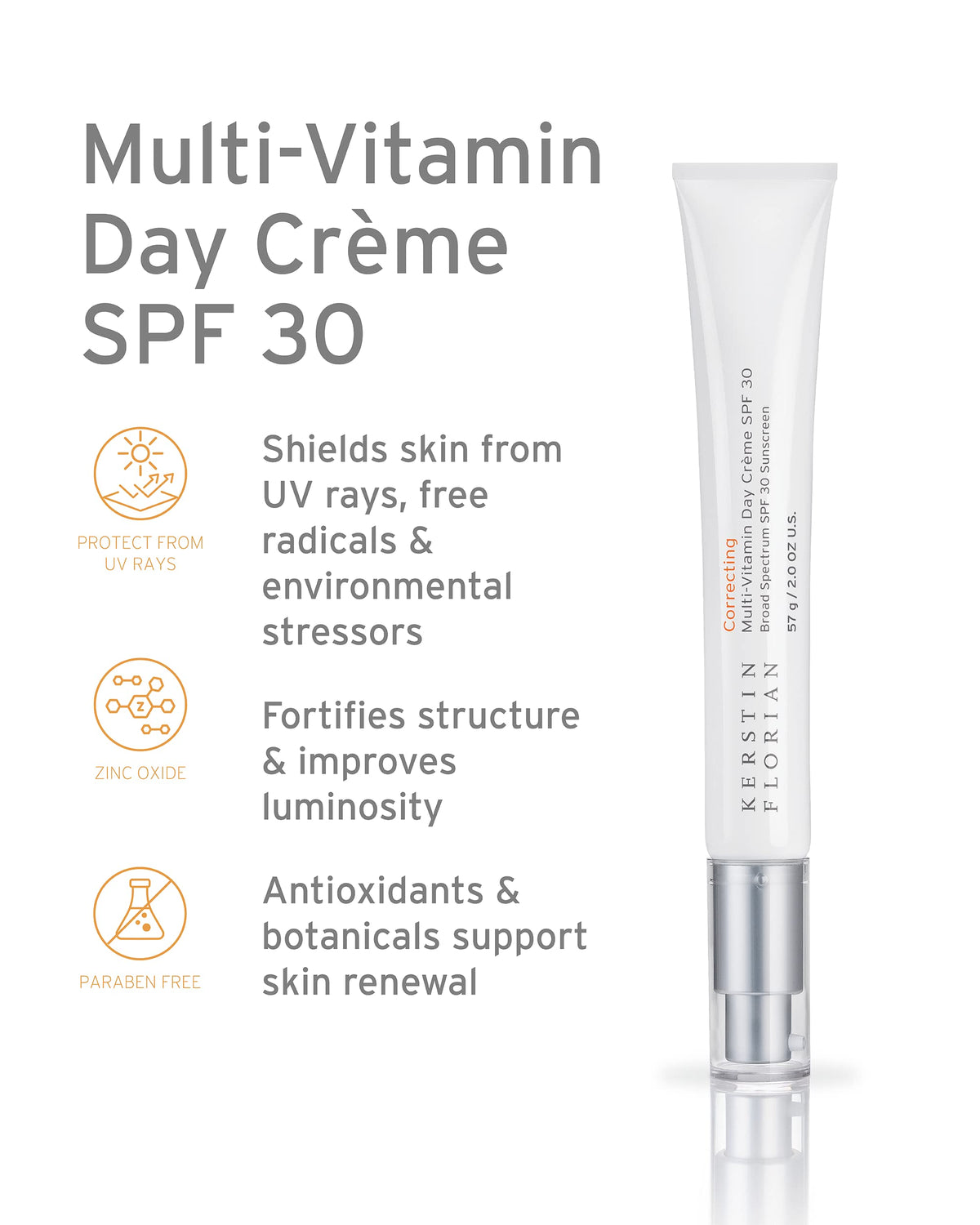 Kerstin Florian SPF 30 label close-up highlighting mineral zinc oxide protection for daily use.