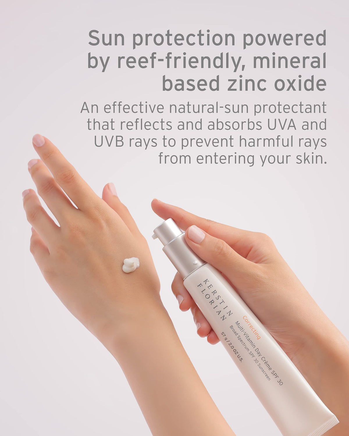 Kerstin Florian jar showing natural botanicals like cucumber and green tea for calming skin.