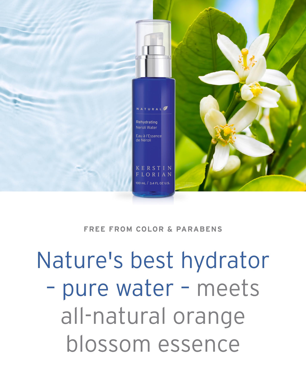 Kerstin Florian Neroli Water Face Mist mist on clean skin for a dewy look.