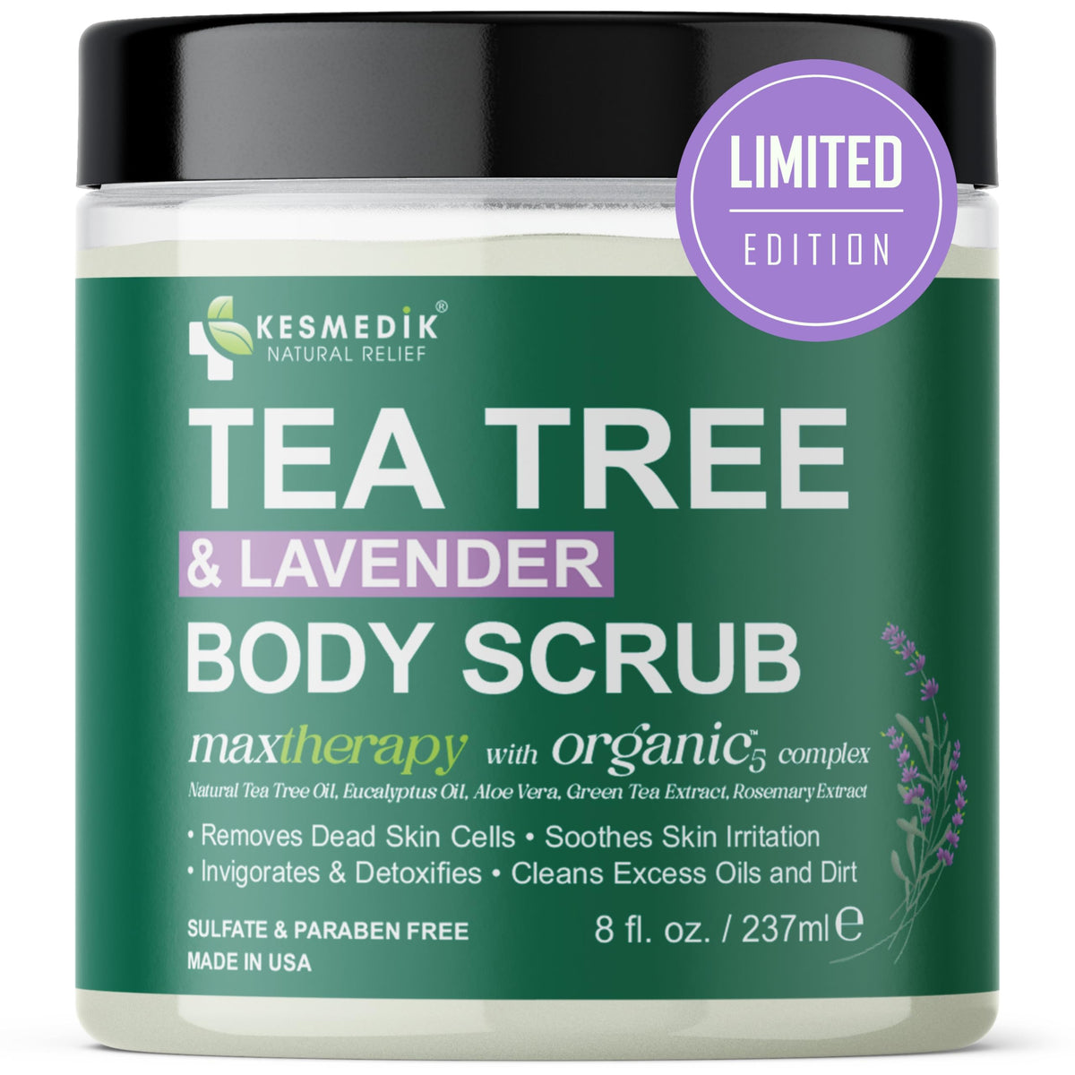 KESMEDIK Pure Tea Tree Scrub bottle ready for gentle body exfoliation