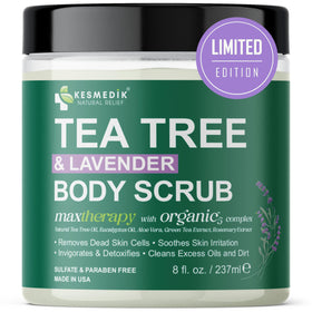 KESMEDIK Pure Tea Tree Scrub bottle ready for gentle body exfoliation