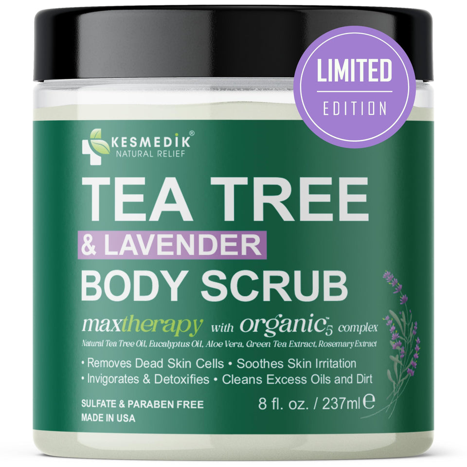 KESMEDIK Pure Tea Tree Scrub bottle ready for gentle body exfoliation
