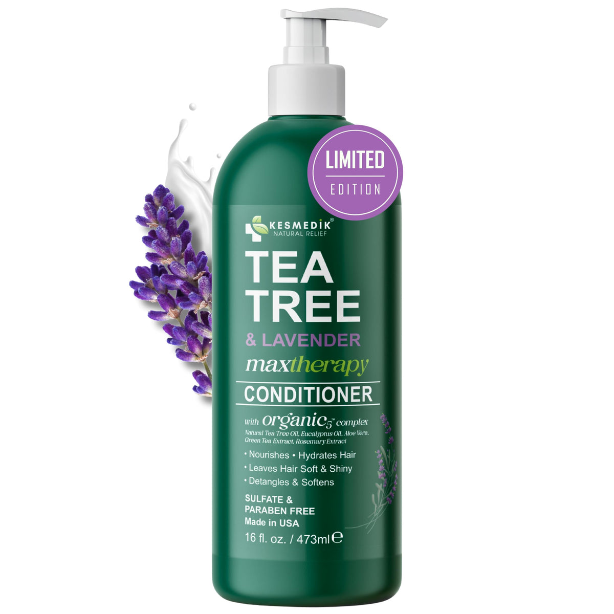 KESMEDIK Tea Tree Lavender Mint conditioner bottle showing cooling hydration for dry hair